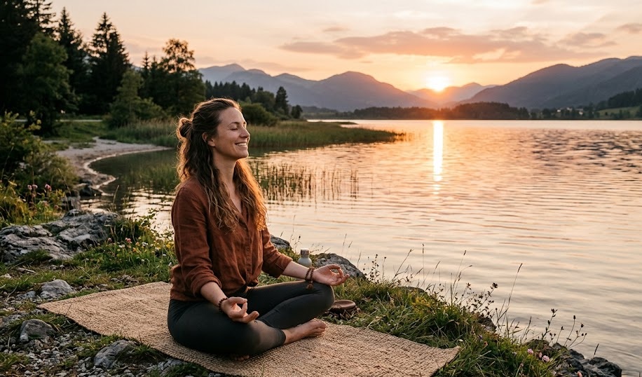Entspannung in der Natur – Person sitzt ruhig am Wasser